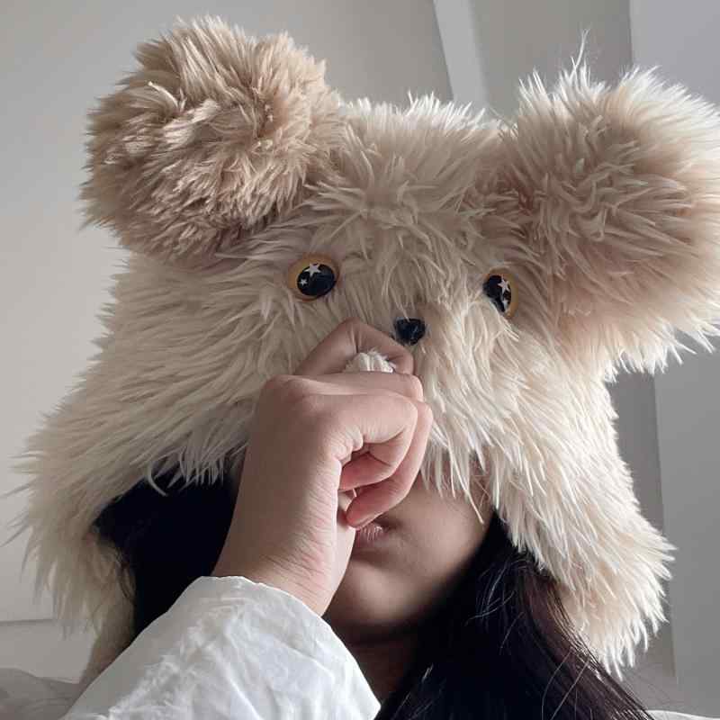 帽子 レディース かわいい キャラクター ほっぺた犬耳デザイン もこもこ ふわふわ 防寒 保温 防風 耳当て付き キャップ 秋冬 普段使い カジュアルスタイル(4)