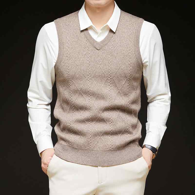 ニットベスト メンズ ウール混 Vネック プルオーバー ノースリーブ ジャガード織り 秋冬 ミドルエイジ シニア世代 お父さん向け カジュアル きれいめ 普段着