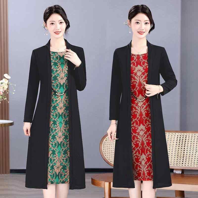 ワンピース レディース ミセス 春秋 長袖 フェイクツーピース 重ね着風 ミディ丈 Aライン 体型カバー 細見え ラウンドネック 花柄 デジ..