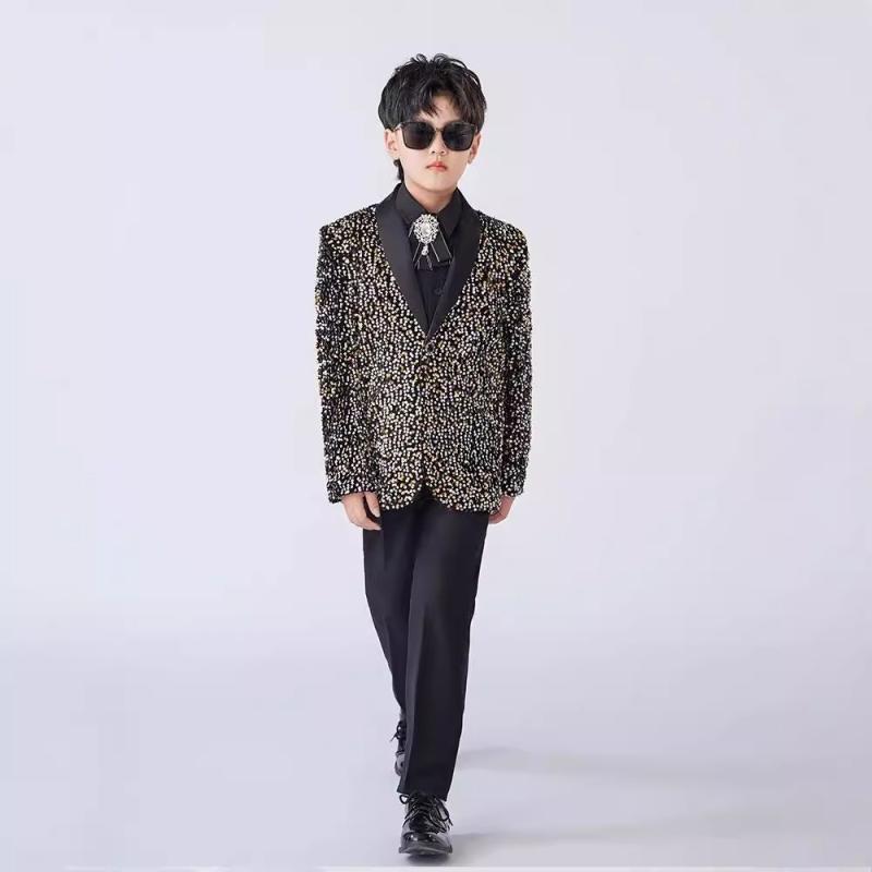 スーツ キッズ 男の子 高級感 スパンコール フォーマル セットアップ ブラック ピアノ発表会 演奏会 ステージ衣装 司会者 結婚式 入学式 卒業式 英国風 シングルボタン ジュニア セレモニー 軽やか