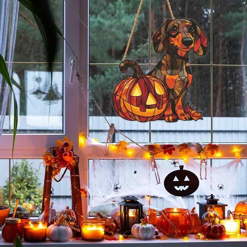 オーナメント ハロウィン ダックスフンド パンプキン アクリル製 窓飾り 壁掛け レトロ かわいい 玄関用 リビング インテリア デコレーション(x2)