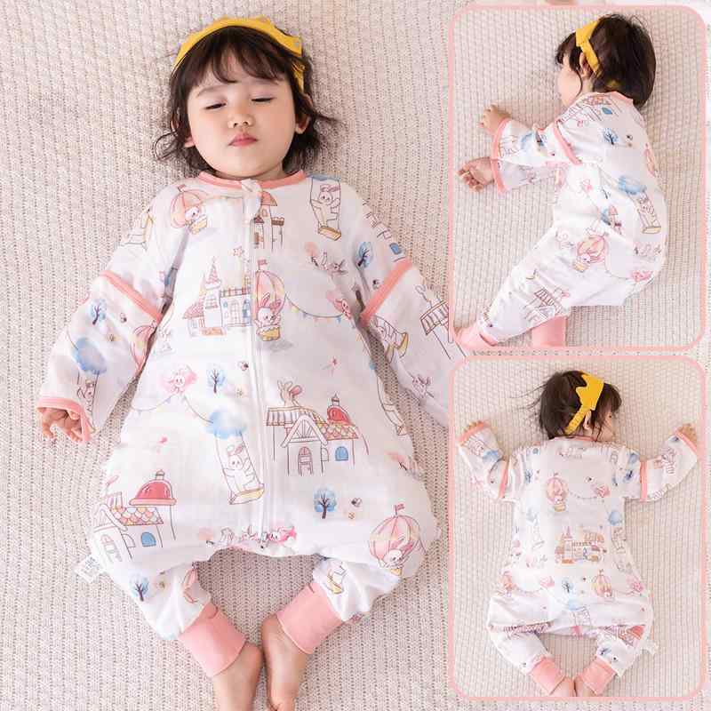 寝袋 ベビー 子供用 足つき スリーパー ガーゼ 竹繊維 綿混 吸湿速乾 薄手 袖着脱式 寝冷え防止 オールシーズン 通年 うさぎ柄 恐竜柄 パンダ柄
