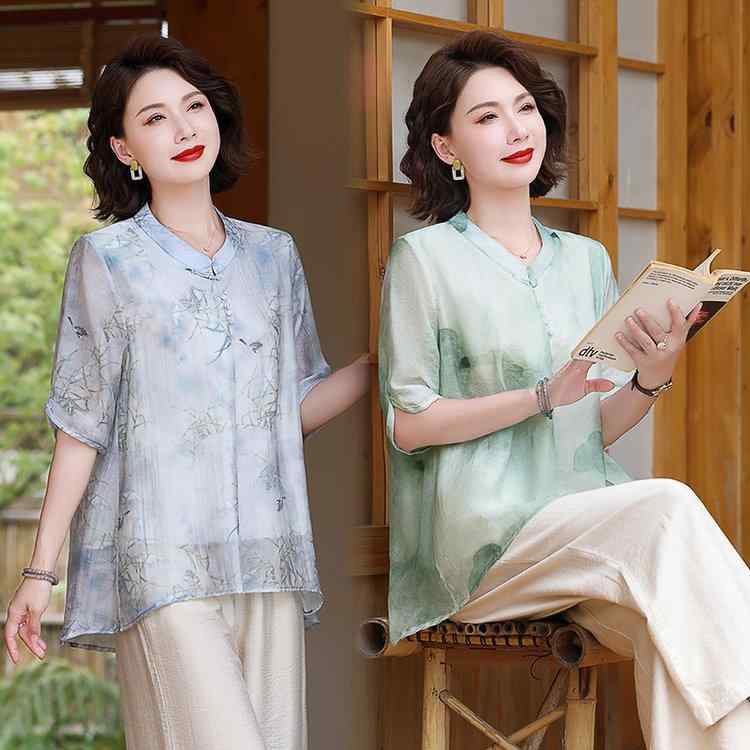 ブラウス ミセス レディース 夏物 チャイナ風 シフォン素材 ゆったり 体型カバー 上品 エレガント おしゃれ カジュアル 通勤 オフィス