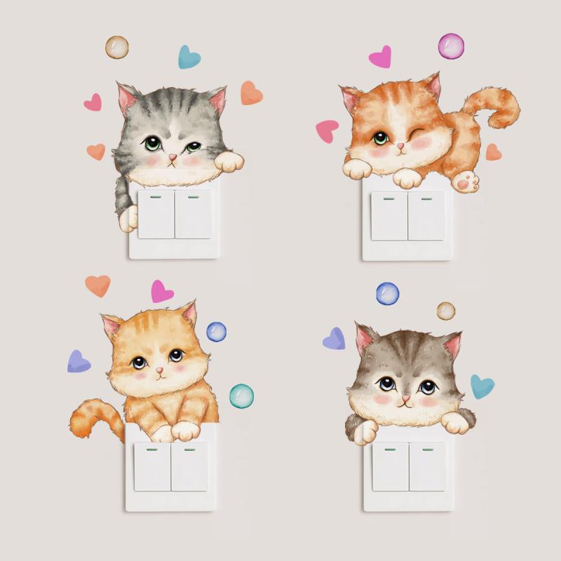 ウォールステッカー キッズ 子供用 キャラクター 猫 ハート かわいい スイッチデコレーション 壁デコレーション リビング 寝室 子供部屋 玄関 店舗 簡単貼り付け PVC素材 防水(x2)