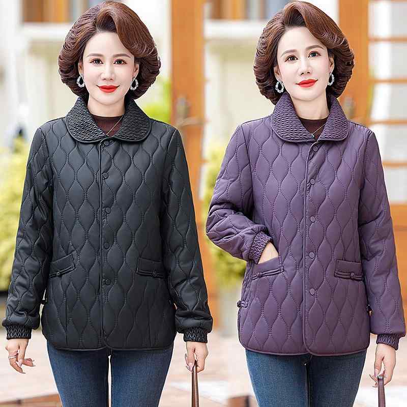 中綿ジャケット レディース 女性用 フェイクレザー イージーケア 細見え スリムフィット テーラードカラー シングルボタン ミドル丈 アウター 韓国風 おしゃれ 上品 大人カジュアル 秋冬 カーキ 黒 紫