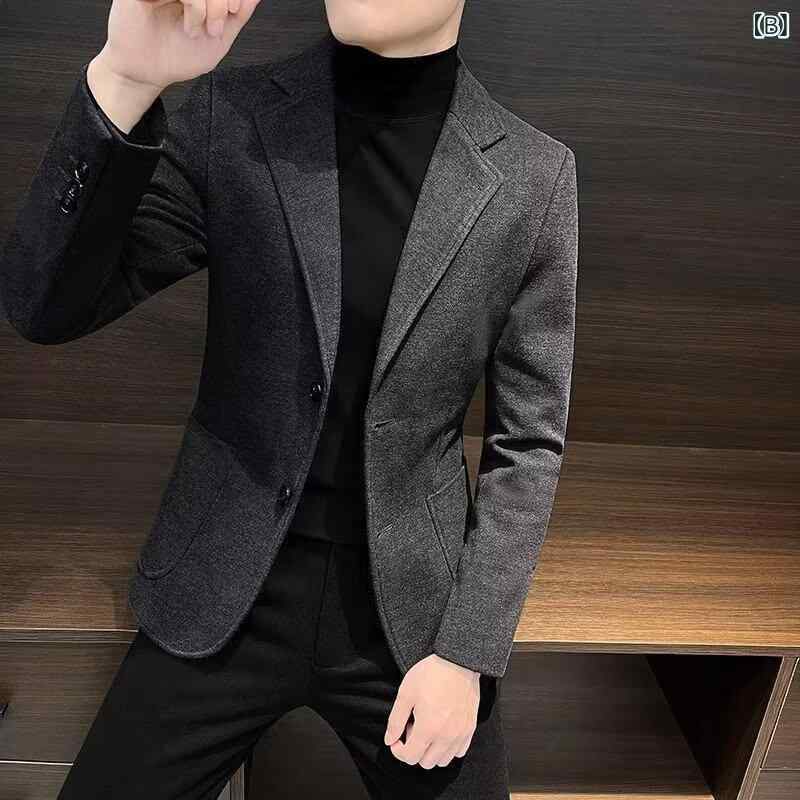 ジャケット メンズ 男性用 秋冬 厚手 防風 テーラードジャケット ポリエステル 大人カジュアル きれいめ 韓国ファッション ブレザー ビジネス カジュアル 無地 黒 グレー 茶色