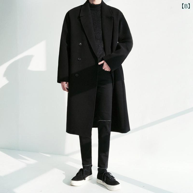 コート メンズ 男性用 厚手 暖かい 防寒 ダブルブレスト ゆったり オーバーサイズ ビッグシルエット 韓国ファッション トレンド カジュアル きれいめ ウール メルトン ロング丈 膝下丈 秋冬 アウター