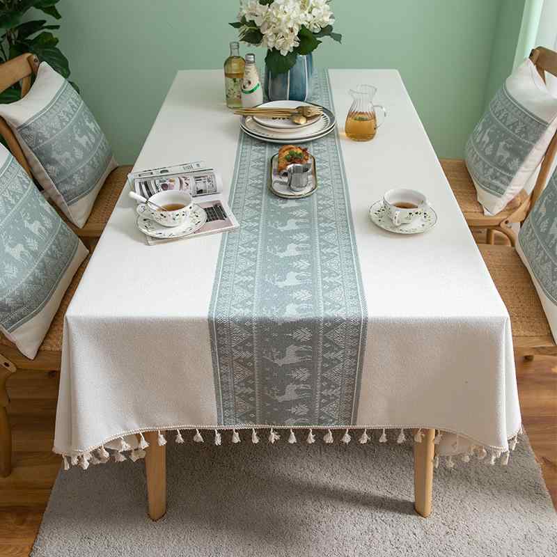 テーブルクロス クリスマス柄 鹿 トナカイ ジャガード織り フリンジ タッセル 綿麻調 ポリエステル シ..