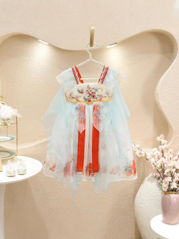 ワンピース ガールズ 子供 中国風 漢服 プリンセスドレス 刺繍 花柄 斉胸襦裙 シフォン チュール 綿裏地 柔らかな肌触り かわいい 春夏 発表会 イベント 結婚式