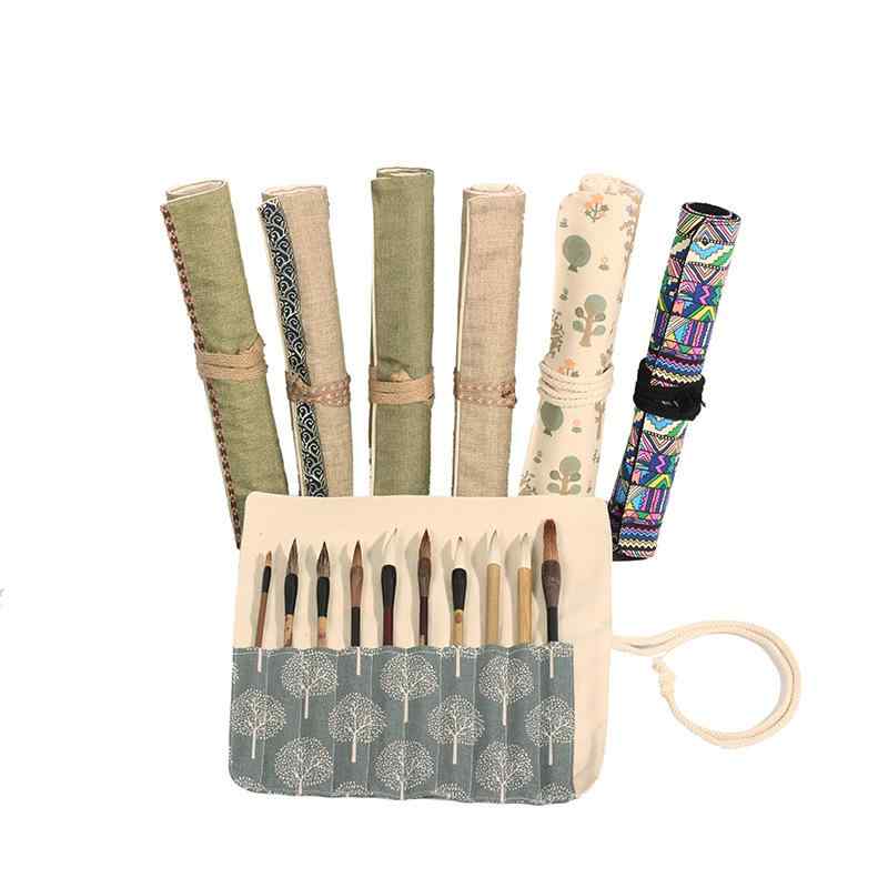 筆巻き キャンバス生地 丈夫 10本収納 油絵 水彩 書道用 筆 ロール式 男女兼用 カジュアル 携帯用 多機..