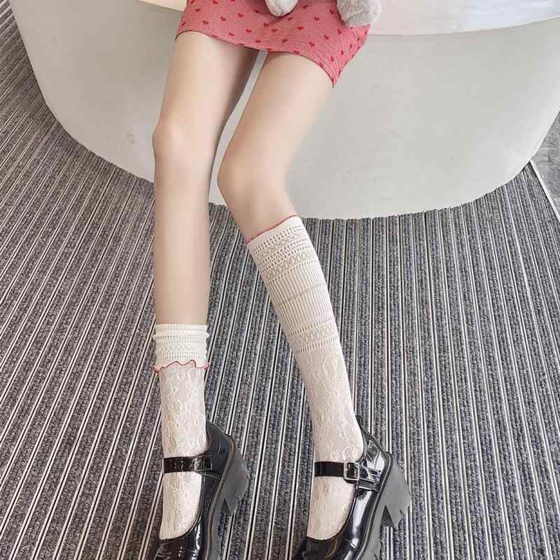 ソックス レディース 日系 レトロ ミルクホワイト ピンク フリル 薄手 シアー 透け感 透かし編み 花柄 ..