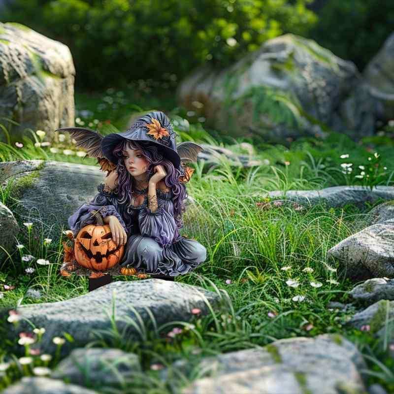 ガーデンオーナメント アクリル製 屋外 庭園 デコレーション 紫髪 魔法使い 魔女 カボチャ アメリカン..