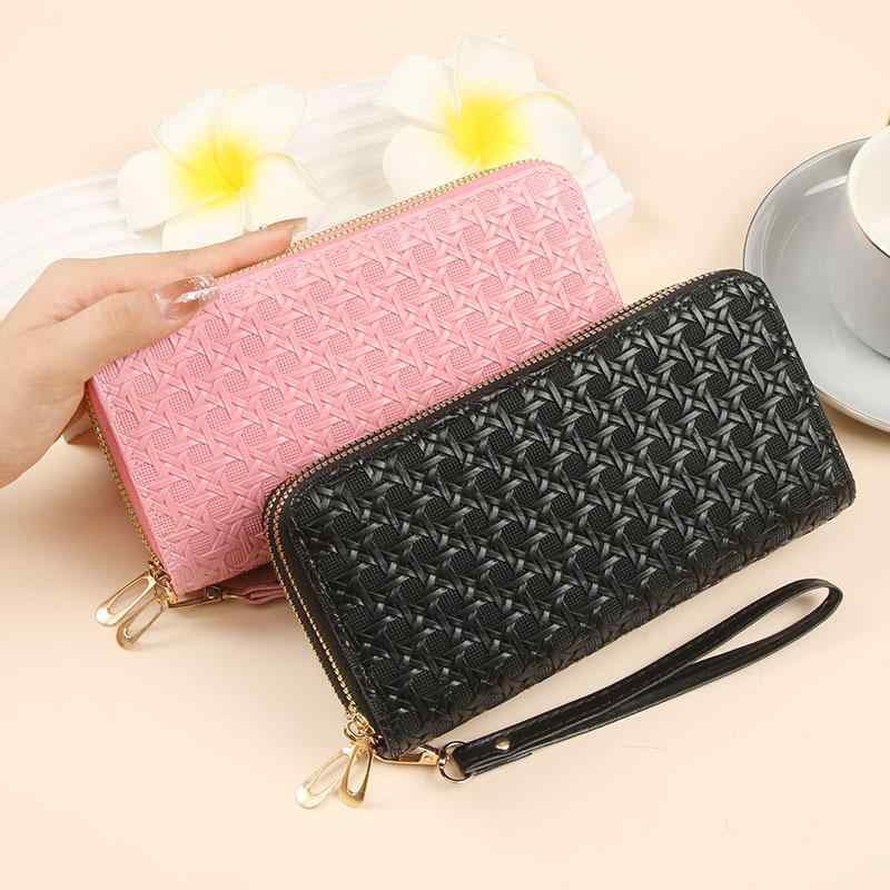 財布 レディース 長財布 ダブルファスナー 大容量 多機能 スマホ収納 エナメル PUレザー 編み込み クラッチ ウォレット 超軽量 普段使い マルチカラー