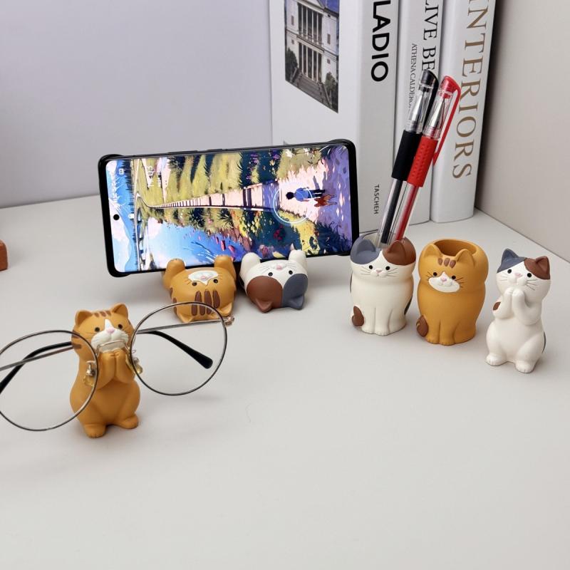 卓上雑貨 レディース かわいい 猫モチーフ おしゃれ 和風 樹脂製 眼鏡スタンド ペン立て スマホホルダ..