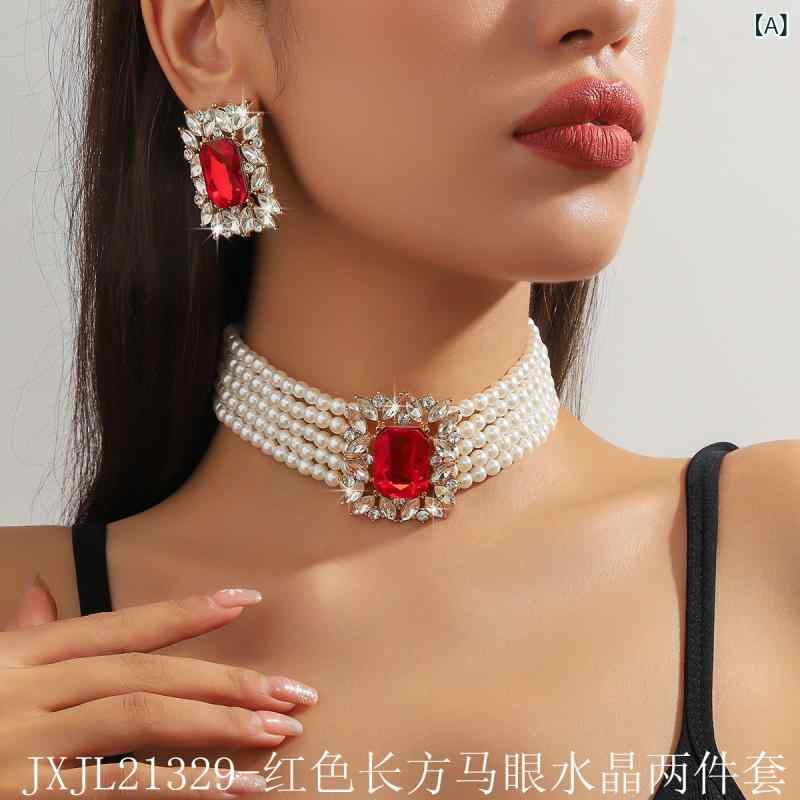 モズラボのネックレス ピアス セット レディース 欧米風 ゴージャス 大ぶり 多層 重ね付け風 フェイクパール 幾何学模様 マルチカラー ジルコニア チョーカー パーティー 結婚式 二次会 お呼ばれ ファッション｜アングル2