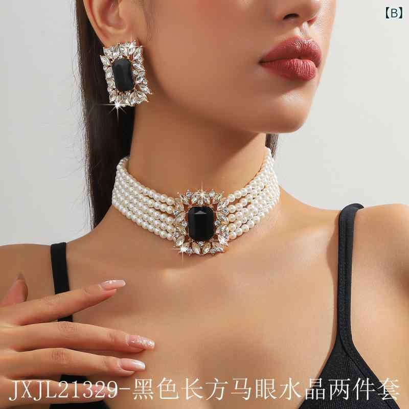 モズラボのネックレス ピアス セット レディース 欧米風 ゴージャス 大ぶり 多層 重ね付け風 フェイクパール 幾何学模様 マルチカラー ジルコニア チョーカー パーティー 結婚式 二次会 お呼ばれ ファッション｜アングル3