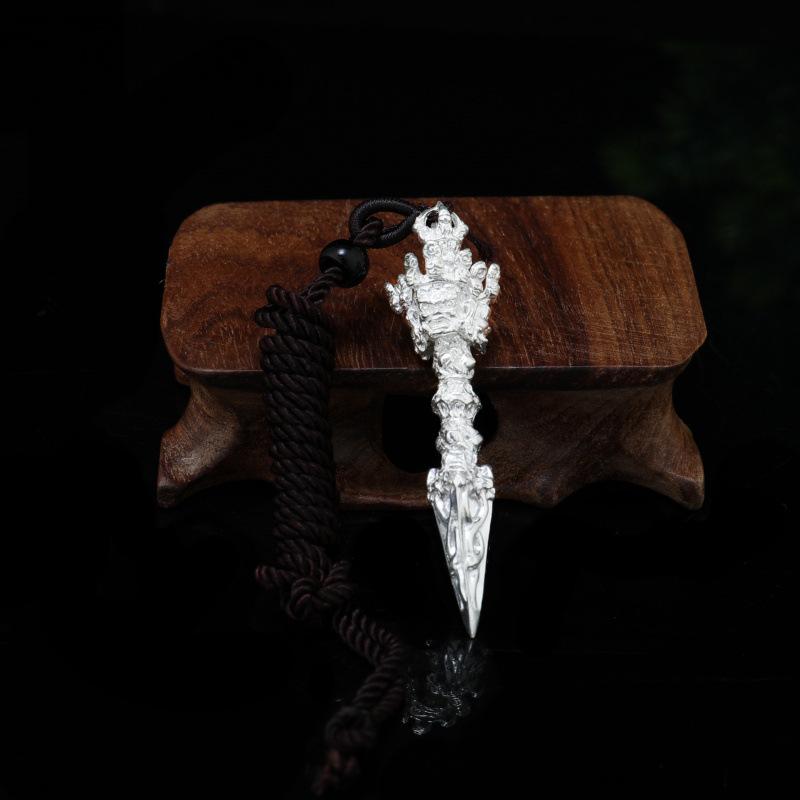 アクセサリー キーホルダー ペンダントトップ プルパ金剛杭 降魔杵 三面金剛杵 純銀999 金メッキ 魔除..