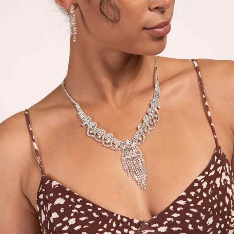 アクセサリーセット レディース 煌めく フルジルコニア フリンジ ラインストーン 電気メッキ加工 欧米風 ブライダル 結婚式 パーティー 鎖骨ネックレス イヤリング シルバー ゴールド