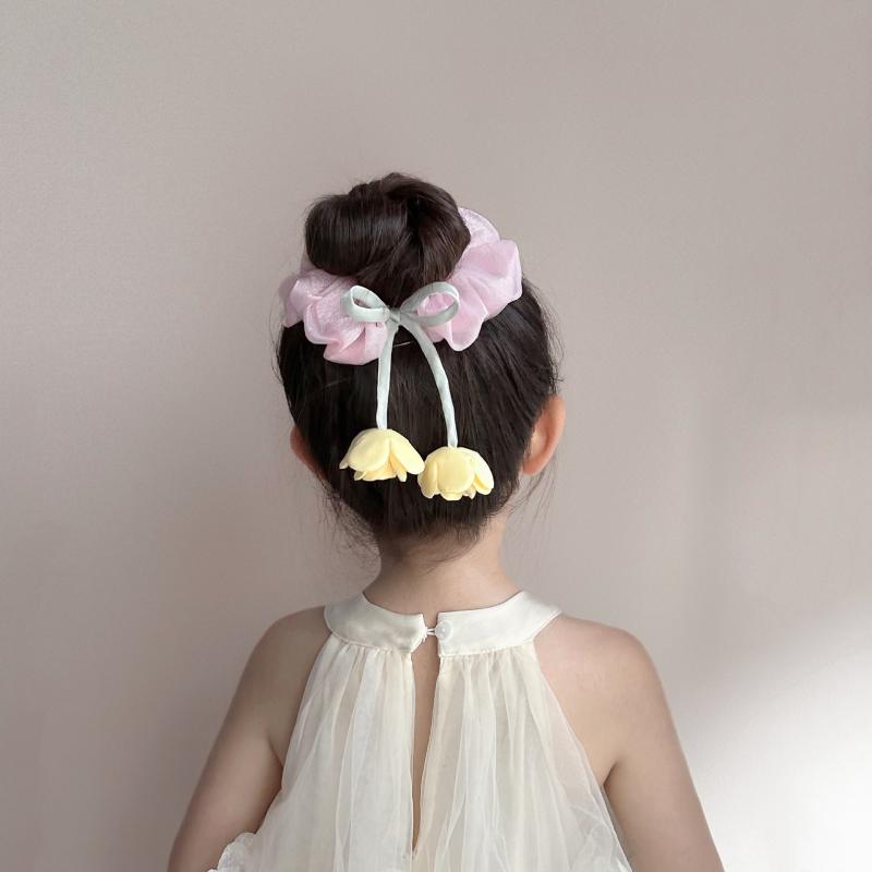 シュシュ キッズ 子供 女の子 プリンセス風 かわいい キュート 手作り 布製 チュール素材 花柄 フラワ..