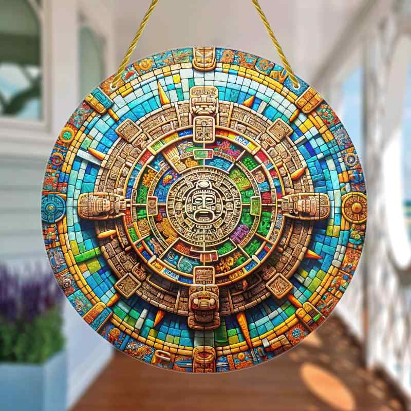 吊り下げ オーナメント アステカ マヤ風 丸型 アクリル 紐付き ガラス 窓用デコレーション 玄関 ウォールデコ 車載用 ユニーク 個性的 室内装飾 蜜蜂モチーフ エスニック レトロ(x2)