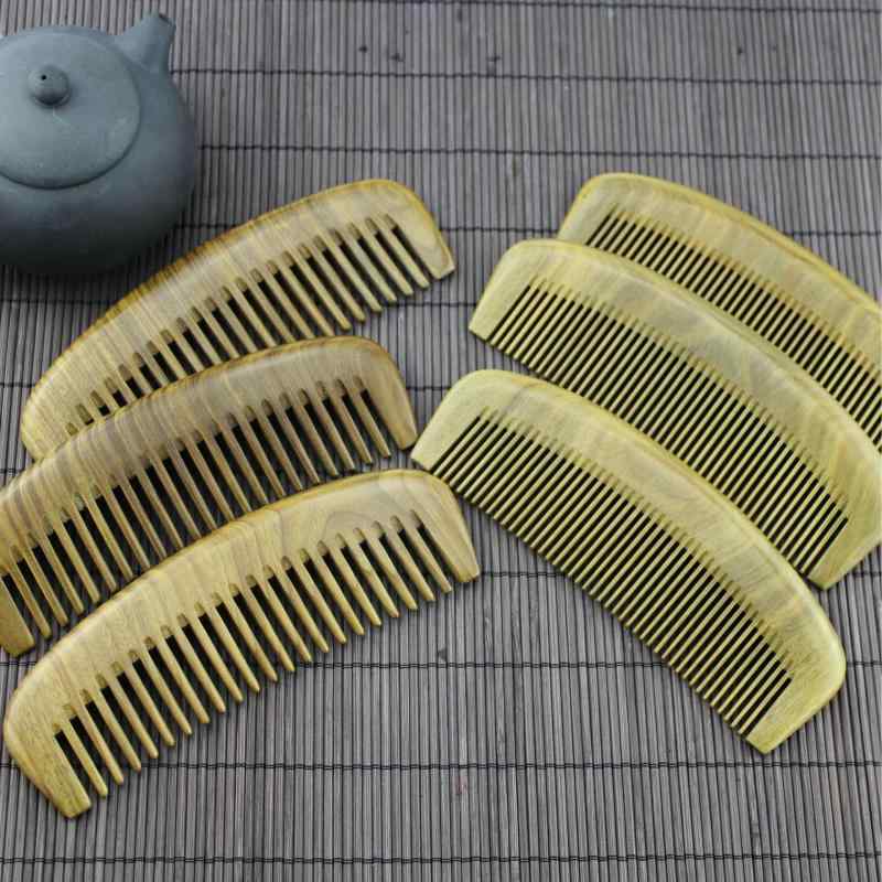ヘアコーム 緑檀木 月型 高級感 彫刻花柄 金彩彩色装飾 美髪 頭皮ケア 携帯用 天然木製 細歯 粗歯
