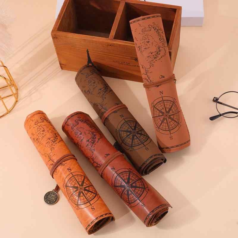 ペンケース 男女兼用 大容量 PUレザー 合成皮革 ロールペンケース 巻きペンケース 宝の地図 レトロ ヴ..