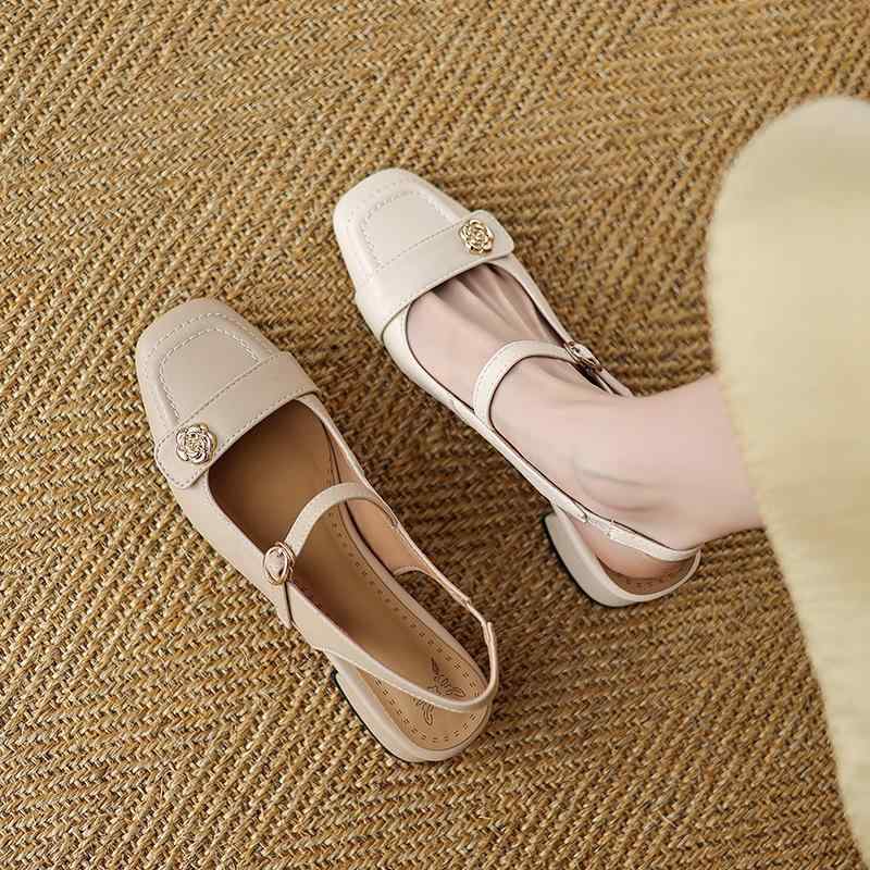 サンダル レディース つま先保護 太ヒール カメリア メリージェーン ワンストラップ ミドルヒール 大き..