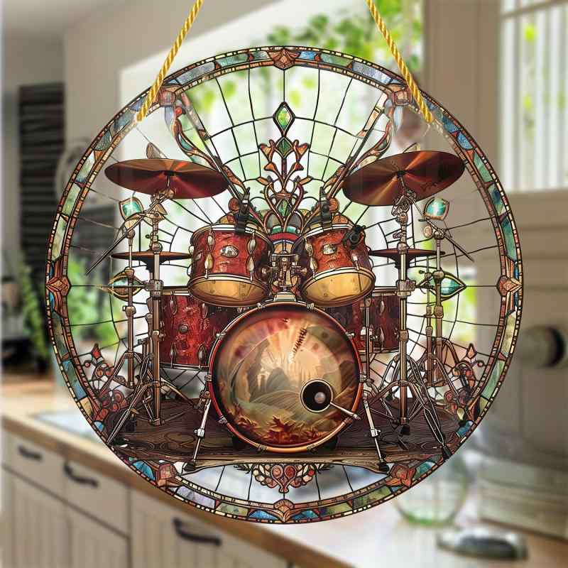 オーナメント 車内装飾 人気 カラフル ドラムセット 楽器モチーフ ミュージックデザイン 円形 アクリル製 クリア素材 軽量 吊り下げチャーム チェーン付き ゴ...