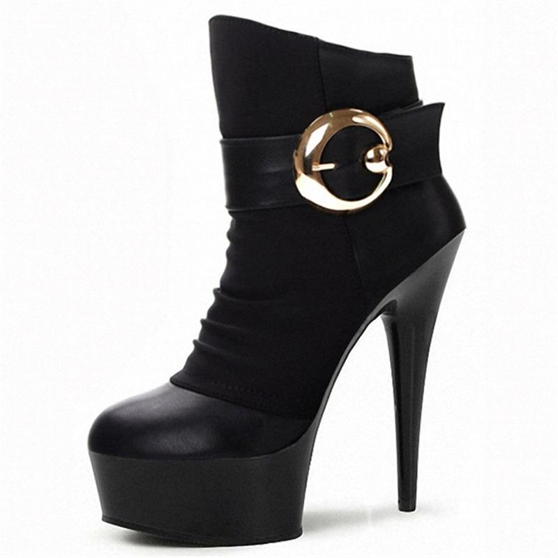 ショートブーツ レディース 15cm 超高ヒール 厚底 プラットフォーム 脚長効果 ピンヒール 丸バックル サイドジッパー ラウンドトゥ ベルベット調 PUレザー ローカット 欧米スタイル ポールダンス 舞台 イベント 春秋 ブラック