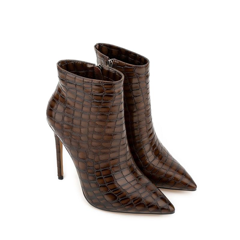 ショートブーツ レディース ストーン柄 ブラウン 欧米風 サイドジッパー ピンヒール ハイヒール ポインテッドトゥ PUレザー フェイクレザー ボア裏地 秋冬 ファッションブーツ