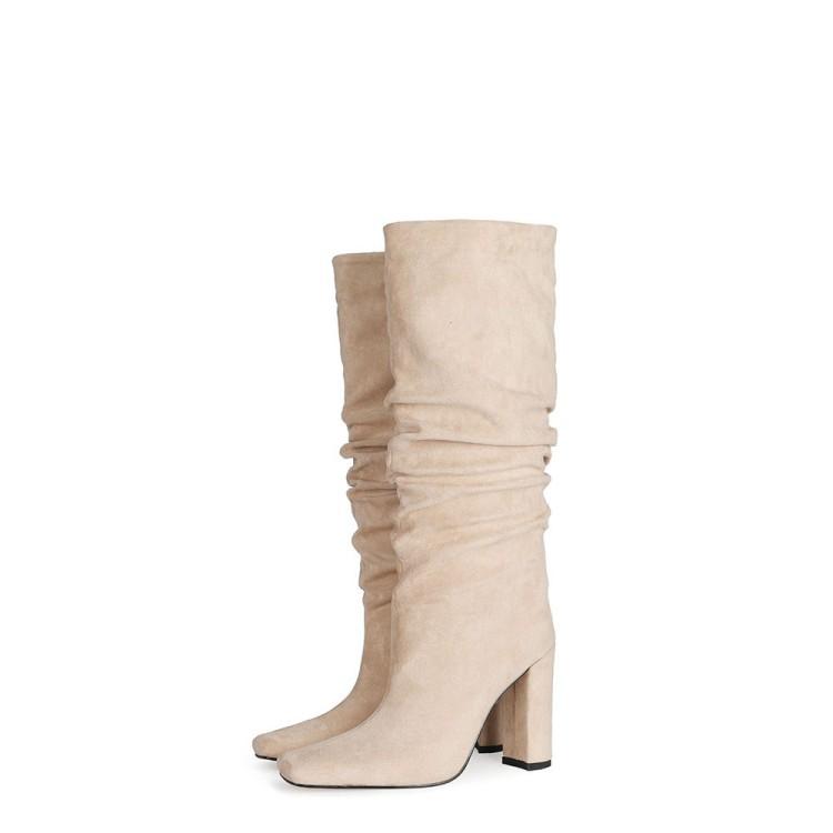 ブーツ レディース クシュクシュ ルーズ ミドル丈 スクエアトゥ チャンキーヒール 太ヒール 超高ヒール..