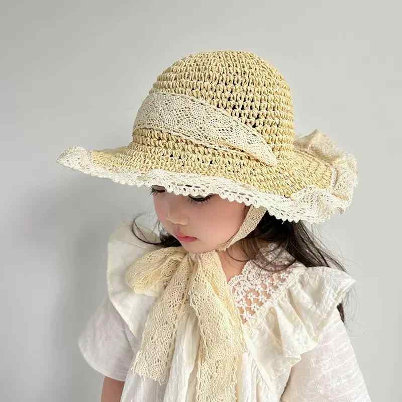 麦わら帽子 キッズ ベビー 女の子 親子 UVカット 日よけ プリンセス 春夏 ビーチハット つば広 レース リボン 通気性 首までカバー かわいい エレガント...