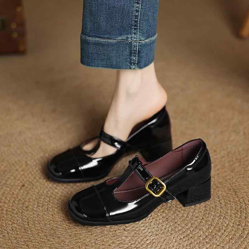 パンプス レディース チャンキーヒール 太ヒール ミドルヒール 安定感 スクエアトゥ エナメル Tストラップ 豚革 クッション 滑り止め ゴム底 レトロ クラシ...