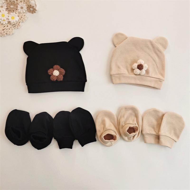 ベビー 新生児 帽子 ミトン 足カバー セット ひっかき防止 小花柄 耳つき かわいい 0-6ヶ月対応 オール..
