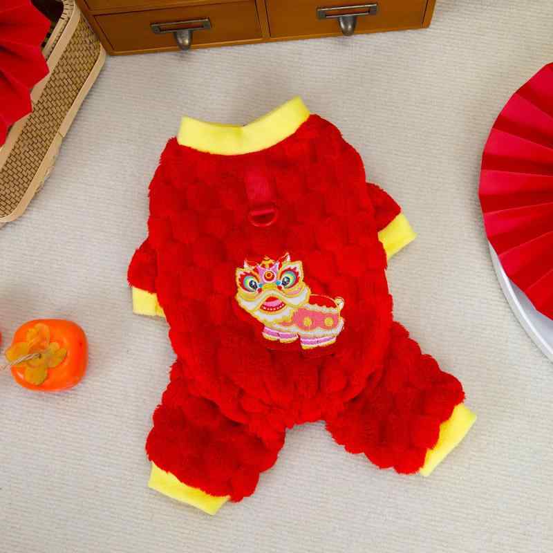 ペット服 犬 猫用 秋冬 厚手あったか保温 防寒着 四足 ロンパース ポリエステル 縁起の良い獅子舞柄 か..