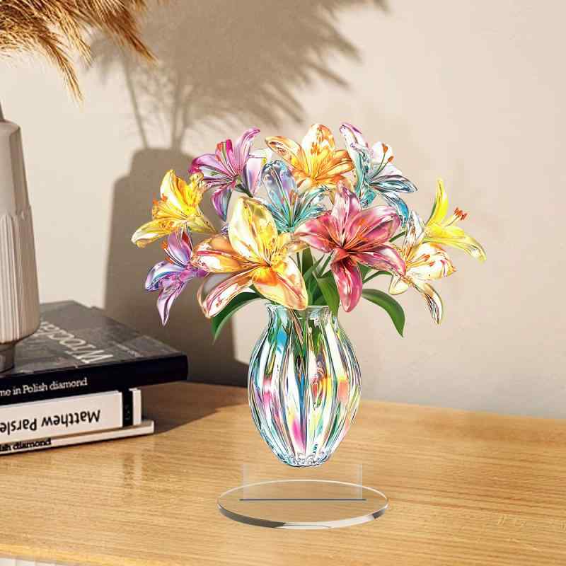 置物 2D平面印刷 アクリル製 クリスタル調 ユリ 花束 卓上 リビング オフィス イベント ギフト 記念品 おしゃれ インテリア装飾(x2)