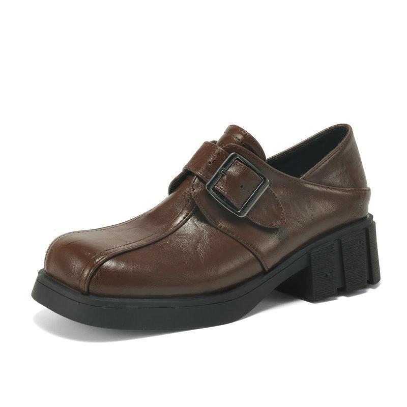 ローファー レディース 通勤用 浅履き 太ヒール ミドルヒール スクエアトゥ バックル付き レトロ ブリティッシュスタイル カジュアル 春秋 フェイクレザー ス...