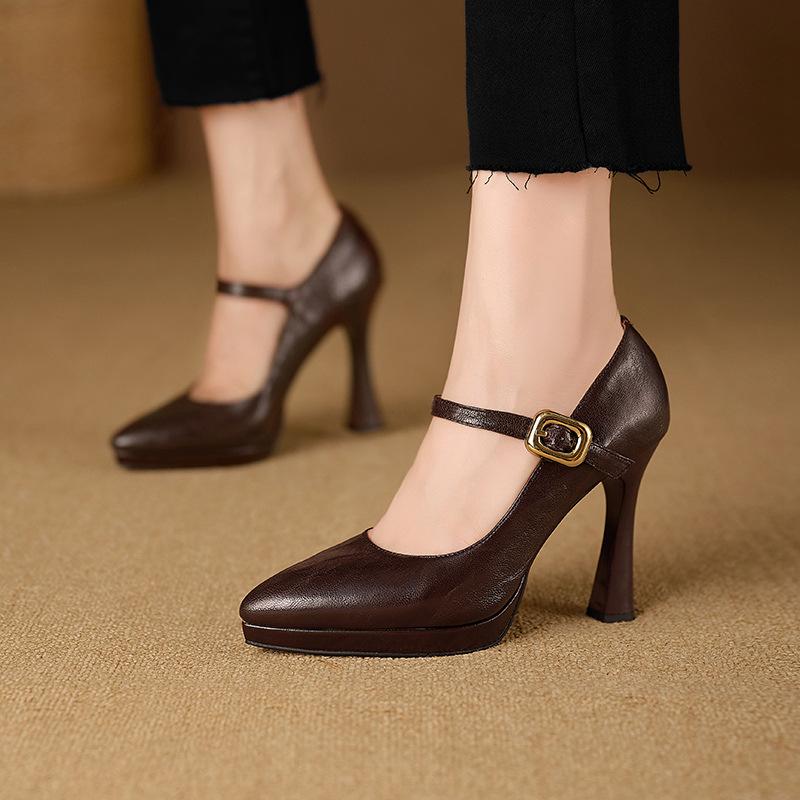 パンプス レディース 10cmヒール 羊革 ポインテッドトゥ ストラップ 浅履き 太ヒール 厚底 メリージェーンシューズ 豚革インソール ラバーソール 春夏 通...