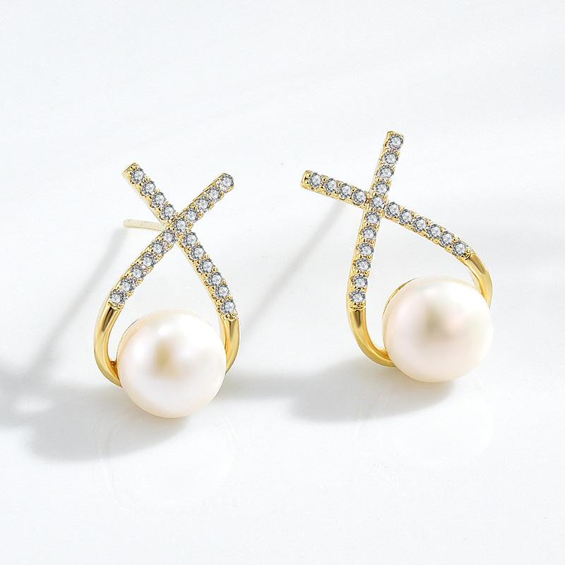 ピアス レディース S925シルバーポスト ゴールド Xモチーフ 淡水パール 高級感 レトロ エレガント フレンチスタイル 通勤 オフィス カジュアル