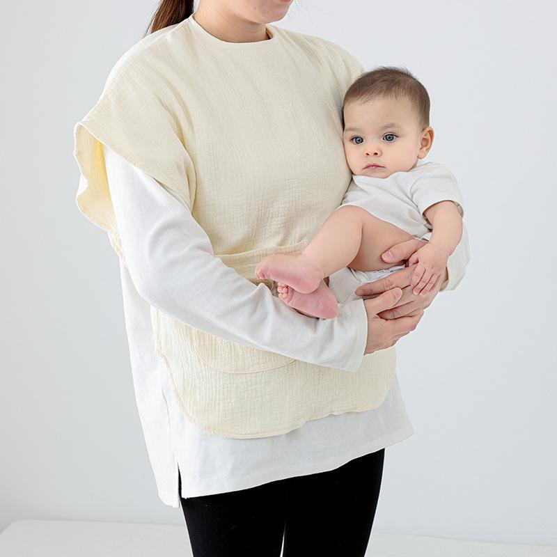 抱っこエプロン ママ用 吸水 速乾 通気性 綿 ガーゼ 半袖 ポケット付き 授乳 汚れ防止 洗濯機OK 日韓風..