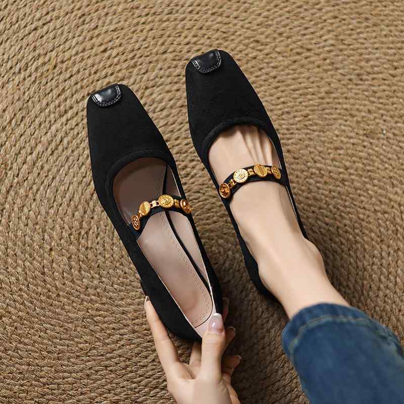 パンプス レディース スクエアトゥ 太ヒール 浅口 4.5cm ミドルヒール オールシーズン スエード調 マリジェンシューズ 韓国ファッション 普段使い 通勤 ...