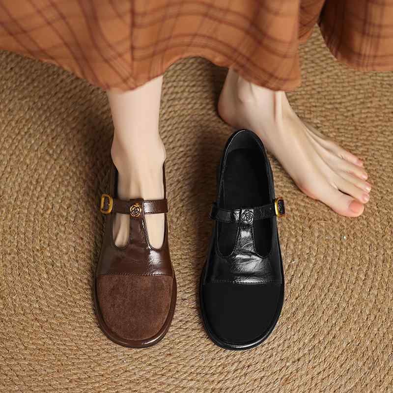 フラットシューズ レディース 大きいサイズ Tストラップ メリージェーン レトロ 花柄 ラウンドトゥ 浅履き バックル バイカラー スクール風 春夏 デイリーユース