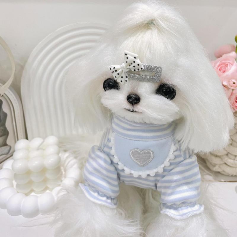 ペットウェア 小型犬猫用 ドッグウェア キャットウェア ふわふわ コットン パフスリーブ かわいい ストライプ 重ね着 インナーシャツ おしゃれ