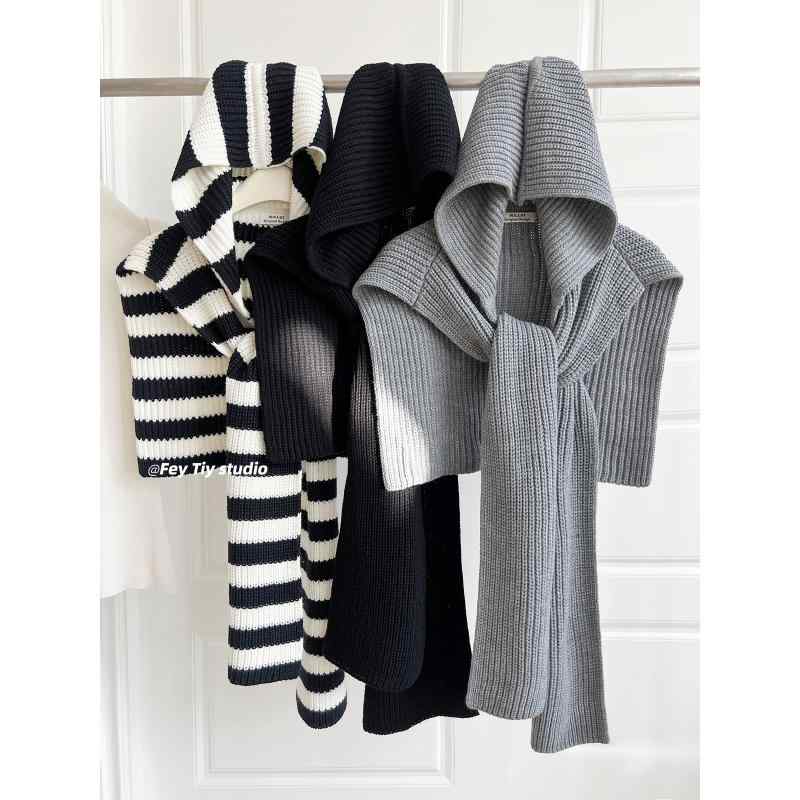 ショール レディース 保温 あったか フェイクカシミヤ 帽子 スヌード一体型 黒白 ストライプ スクール風 おしゃれ 冬 ケープ 羽織り