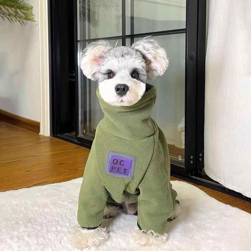ペット服 小型犬 トイプードル ポメラニアン シュナウザー 秋冬 保温 暖かい 四脚ウェア オールインワン ポリエステル素材 グリーン おしゃれ 散歩 お出かけ 防寒着