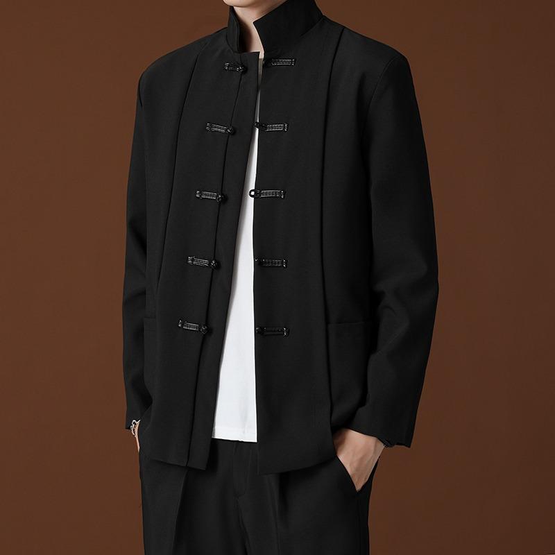 ジャケット メンズ スタンドカラー 高級感 ゆったり ルーズフィット 黒色 新中華風 レトロモダン 通勤 ビジネス 春夏