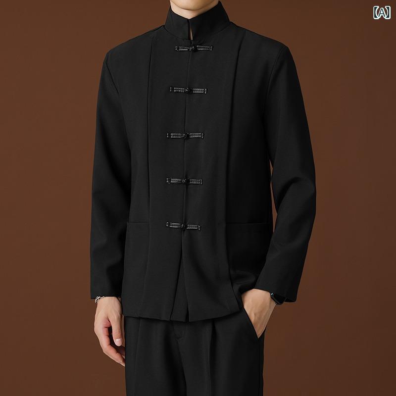 ジャケット メンズ スタンドカラー 高級感 ゆったり ルーズフィット 黒色 新中華風 レトロモダン 通勤 ビジネス 春夏