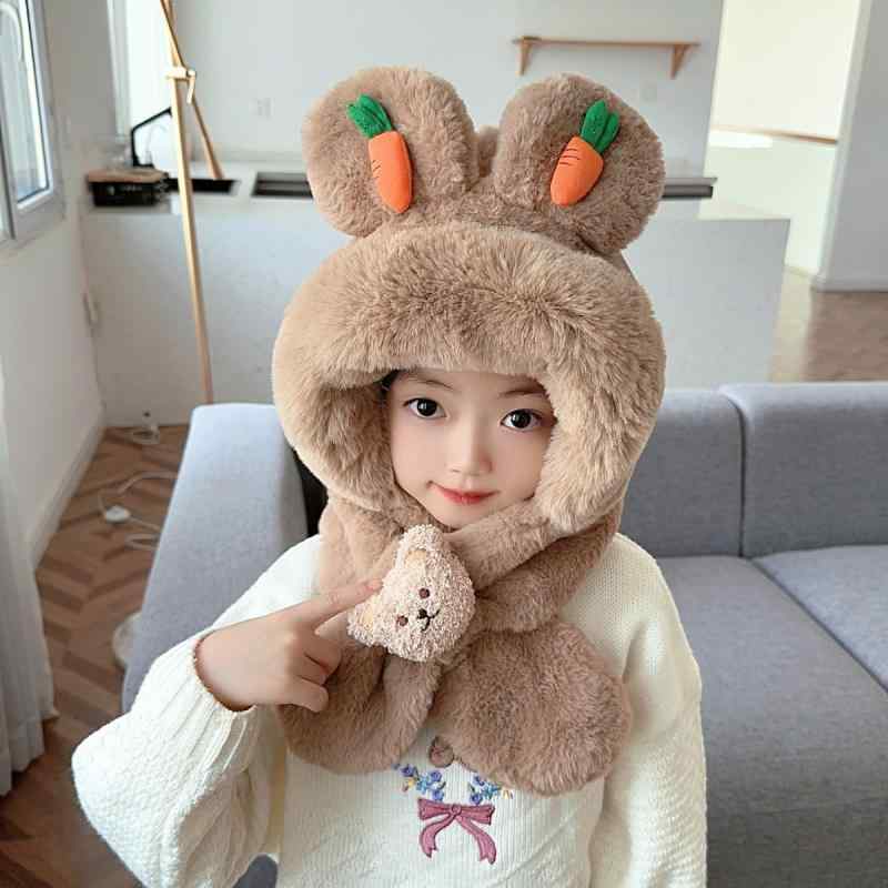 帽子 ベビー キッズ 男の子 女の子 秋冬 防寒 あったか マフラー一体型 ニット帽 かわいい クマ ニンジ..