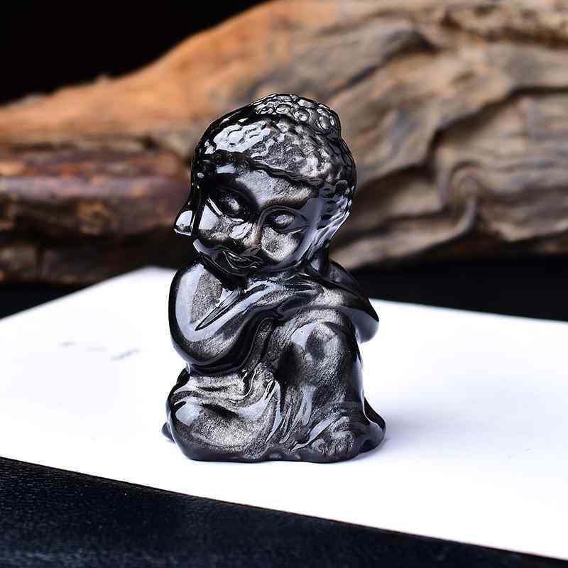 置物 天然 銀曜石 原石彫刻 首傾げベビー仏 かわいい寝仏像 リビング インテリア装飾 オブジェ ヒーリ..