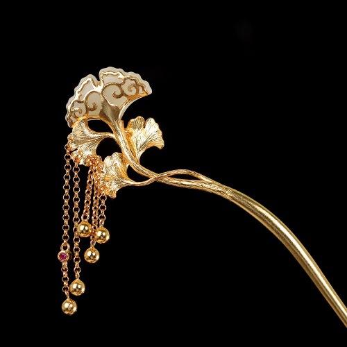 歩揺かんざし レディース 髪飾り S925シルバー 金メッキ 和田玉 銀杏の葉モチーフ 民族風デザイン 和装小物 着物 浴衣 かわいい ヘアアクセサリー